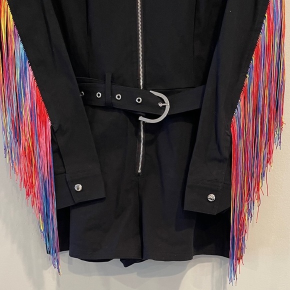 PRIDE Black Shorts Jumpsuit Romper Zip Front w Colorful Fringe Size S  NWT - Picture 6 of 13